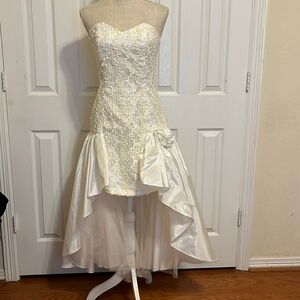 Dave & Johnny Couture Formal Mini Dress With Train / White with Cream Sequins